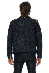 DENIM AND LEATHER BIKER JACKET IN GREY LEOPARD