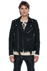 DENIM AND LEATHER BIKER JACKET IN BLACK