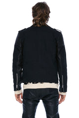 DENIM AND LEATHER BIKER JACKET IN BLACK