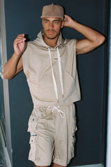 SLEEVELESS HOODIE WITH STRIPE IN KHAKY