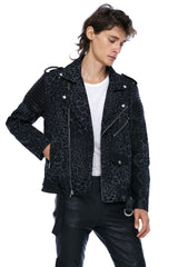 JONNY COTA mens-outerwear DENIM AND LEATHER BIKER JACKET IN GREY LEOPARD