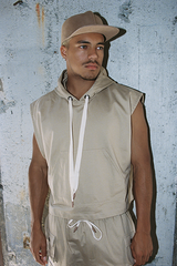 JONNY COTA mens-tops SLEEVELESS HOODIE WITH STRIPE IN KHAKY