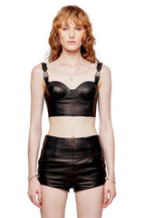 JONNY COTA LEATHER CROPPED BUSTIER IN BLACK