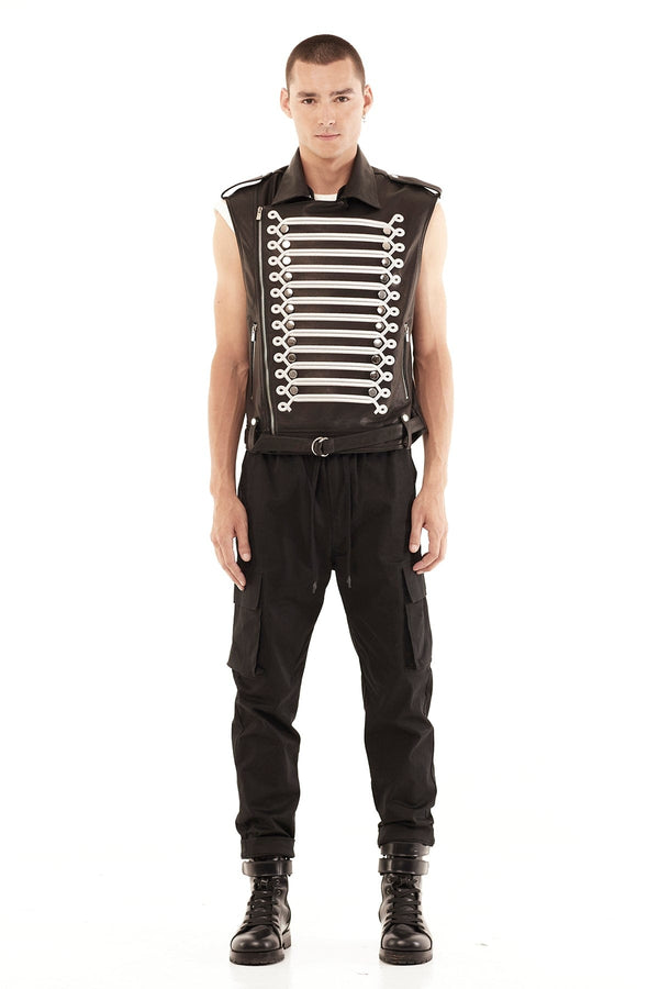 JONNY COTA mens-outerwear LEATHER MARCHING BAND VEST IN SILVER EMBROIDERY