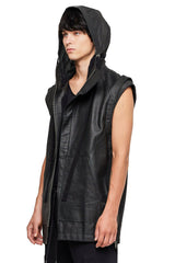 JONNY COTA SLEEVELESS LONG LEATHER HOODIE IN BLACK