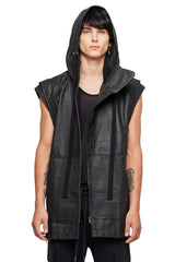 JONNY COTA SLEEVELESS LONG LEATHER HOODIE IN BLACK