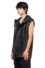 JONNY COTA SLEEVELESS LONG LEATHER HOODIE IN BLACK