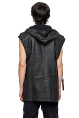 JONNY COTA SLEEVELESS LONG LEATHER HOODIE IN BLACK