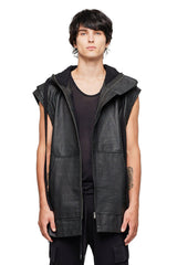 JONNY COTA SLEEVELESS LONG LEATHER HOODIE IN BLACK