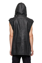 JONNY COTA SLEEVELESS LONG LEATHER HOODIE IN BLACK