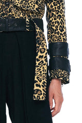 JONNY COTA WOMENS OUTERWEAR DENIM AND LEATHER BELTED MOTO JACKET IN LEOPARD