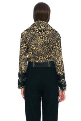 JONNY COTA WOMENS OUTERWEAR DENIM AND LEATHER BELTED MOTO JACKET IN LEOPARD