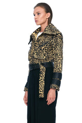 JONNY COTA WOMENS OUTERWEAR DENIM AND LEATHER BELTED MOTO JACKET IN LEOPARD