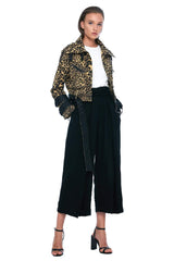 JONNY COTA WOMENS OUTERWEAR DENIM AND LEATHER BELTED MOTO JACKET IN LEOPARD