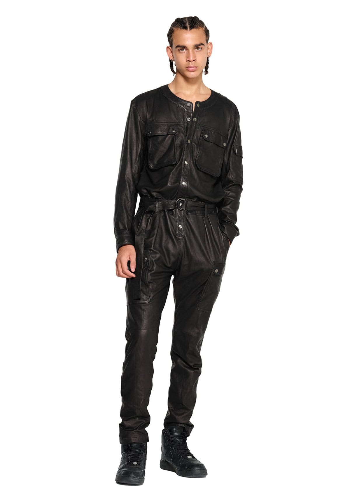 LEATHER CARGO JUMPSUIT IN BLACK – JONNY COTA