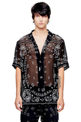 JONNY COTA XS / Black SHEER BANDANA BUTTON UP PARTY SHIRT IN BLACK
