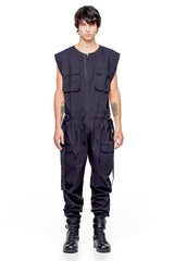 JONNY COTA XS SLEEVELESS CANVAS JUMPSUIT IN BLACK