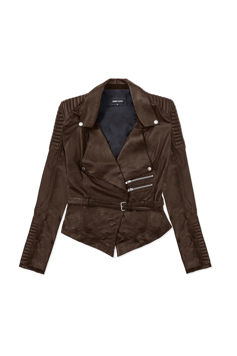 DRAPED MOTORCYCLE JACKET IN BROWN LEATHER