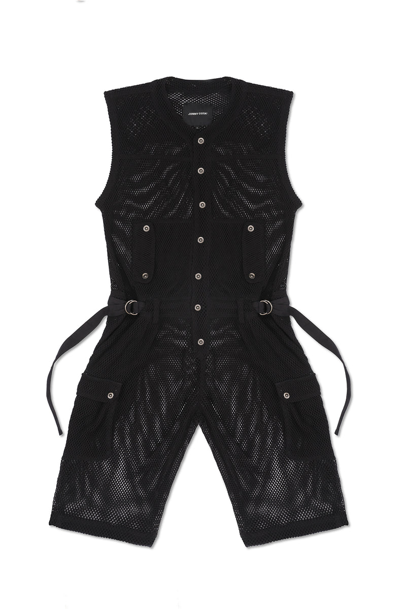 SLEEVELESS MESH JUMPSUIT IN BLACK