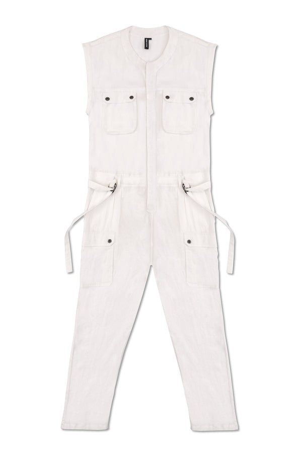 SLEEVELESS LINEN JUMPSUIT IN WHITE