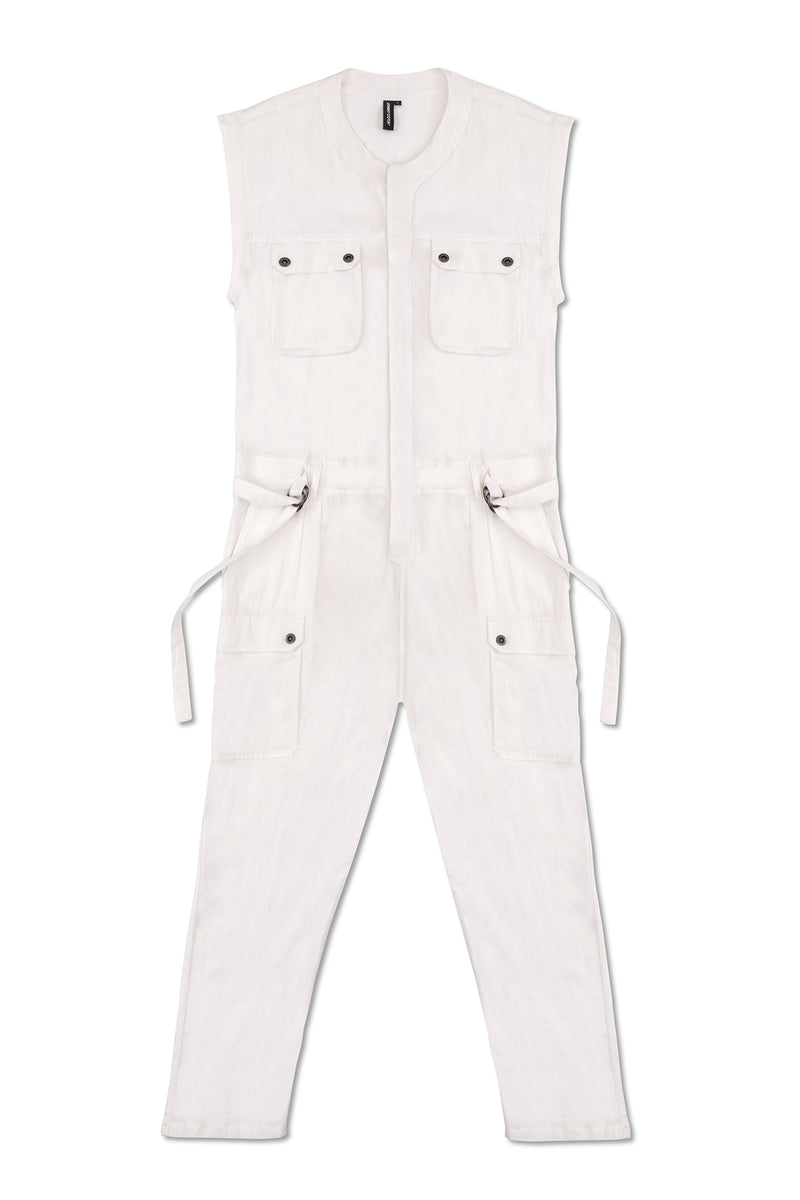 SLEEVELESS LINEN JUMPSUIT IN WHITE