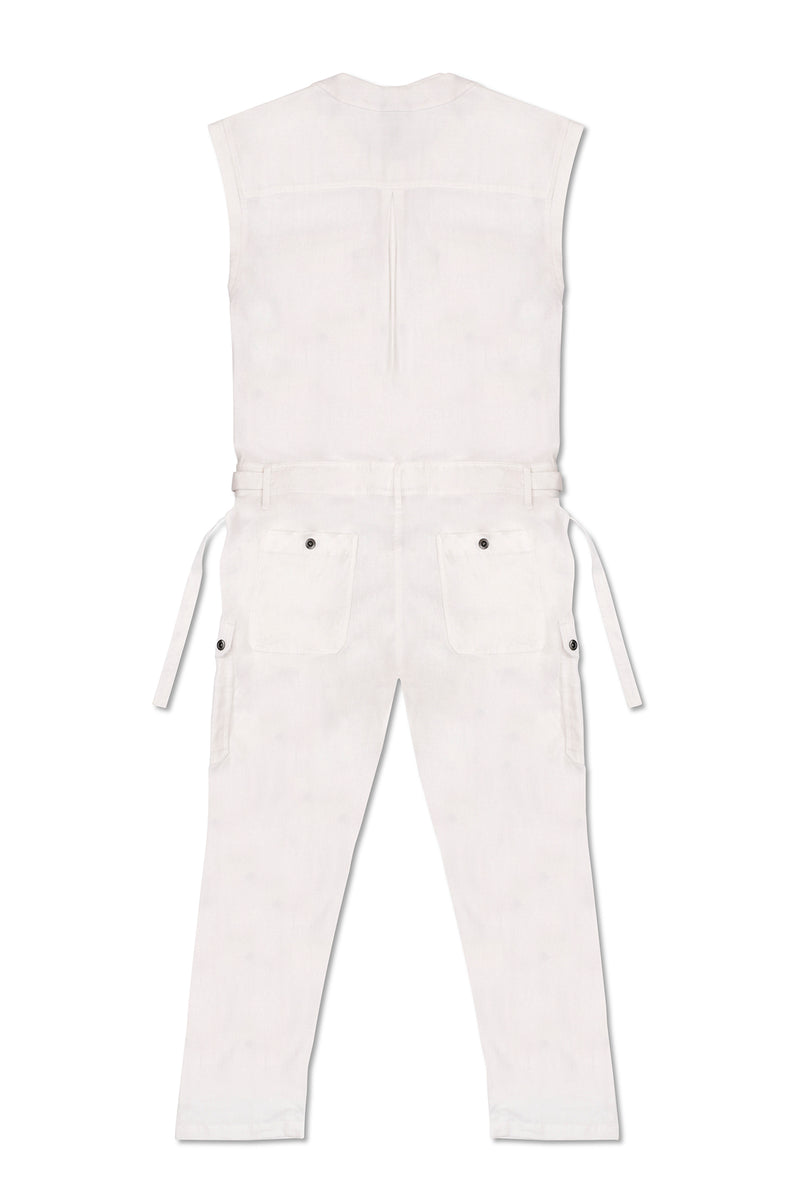 SLEEVELESS LINEN JUMPSUIT IN WHITE