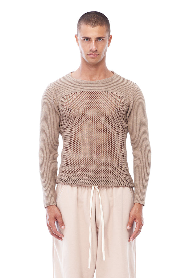 KNIT MESH SWEATER IN TAN