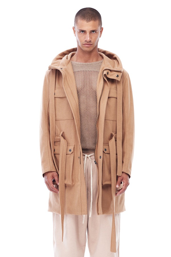 TRENCH COAT WITH HOOD IN CAMEL