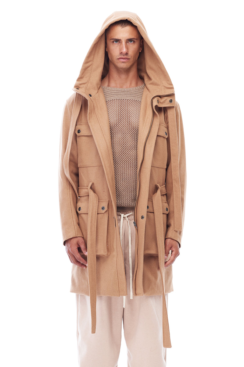 TRENCH COAT WITH HOOD IN CAMEL