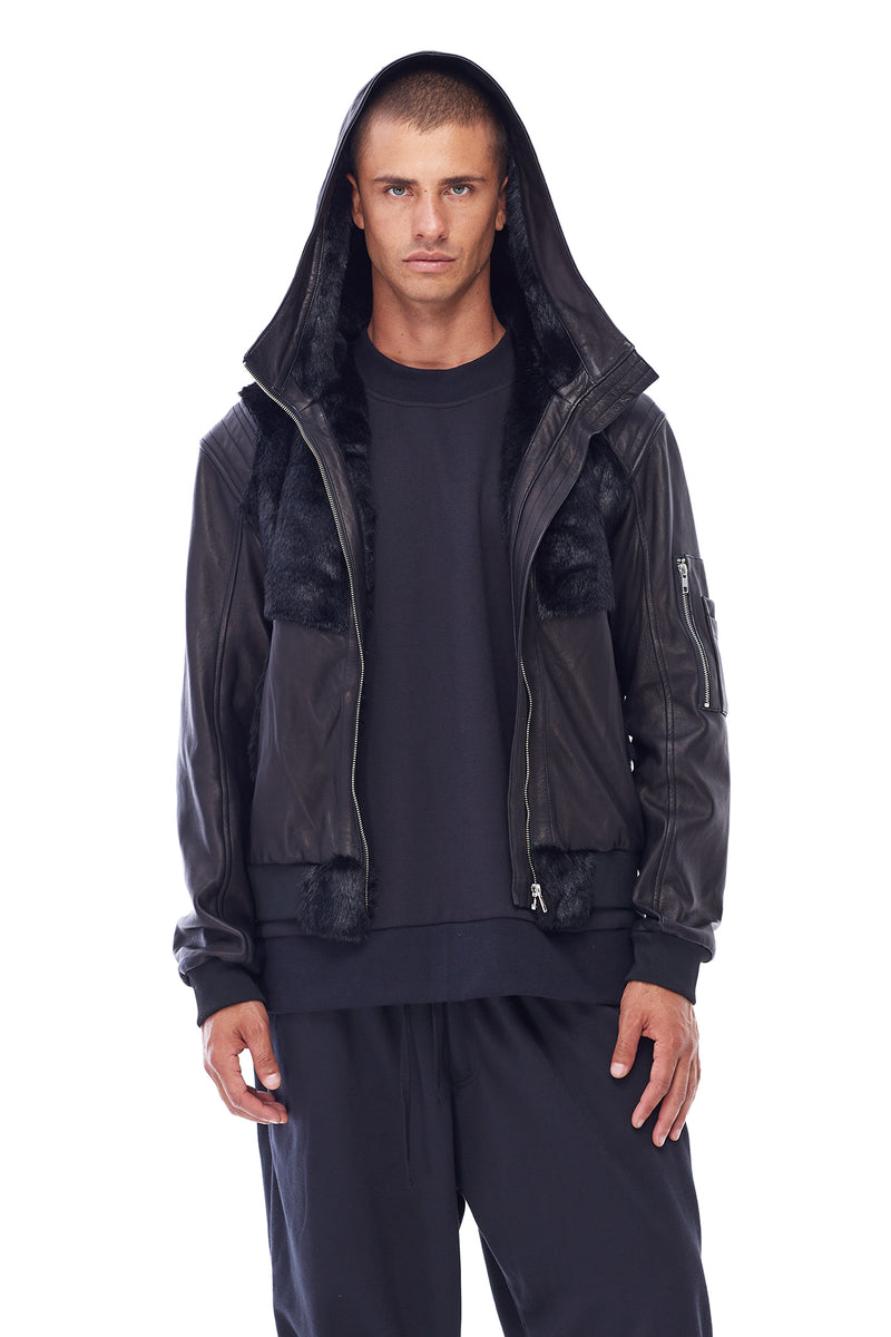 HOODED SHEARLING JACKET IN BLACK FUR