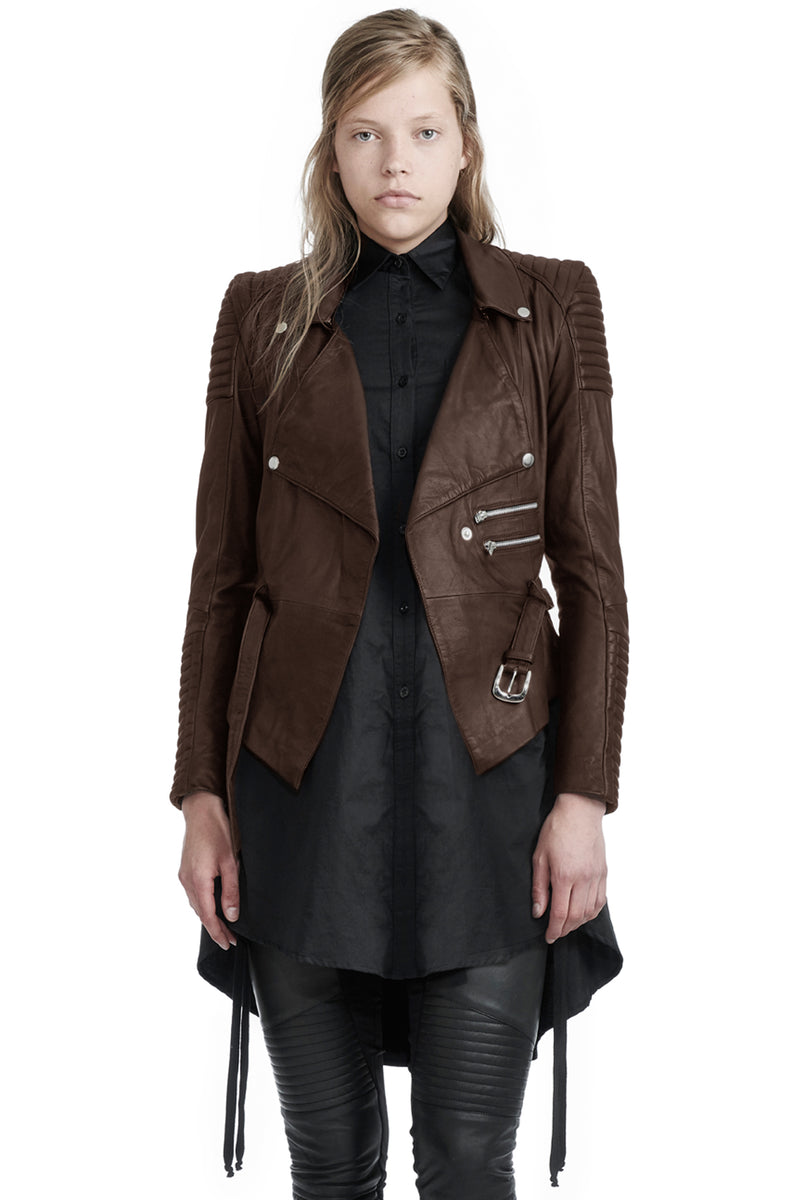 DRAPED MOTORCYCLE JACKET IN BROWN LEATHER