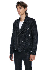 JONNY COTA mens-outerwear DENIM AND LEATHER BIKER JACKET IN GREY LEOPARD