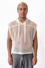 JONNY COTA mens-tops MESH SLEEVELESS HOODIE IN OFF WHITE
