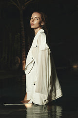 JONNY COTA OS OVERSIZE SHEER MOTO JACKET IN WHITE