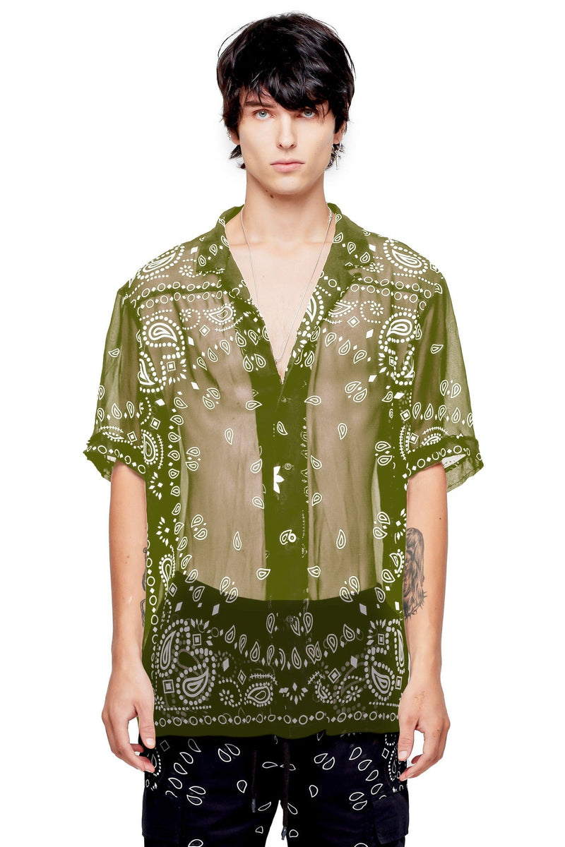 JONNY COTA XS SHEER BANDANA PARTY SHIRT IN OLIVE