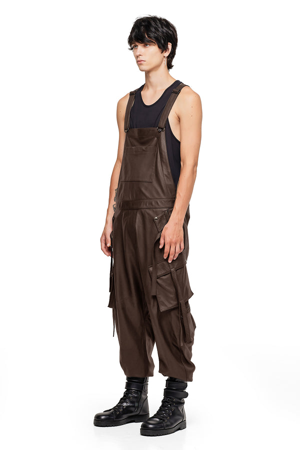 LEATHER CARGO OVERALL IN BROWN LEATHER