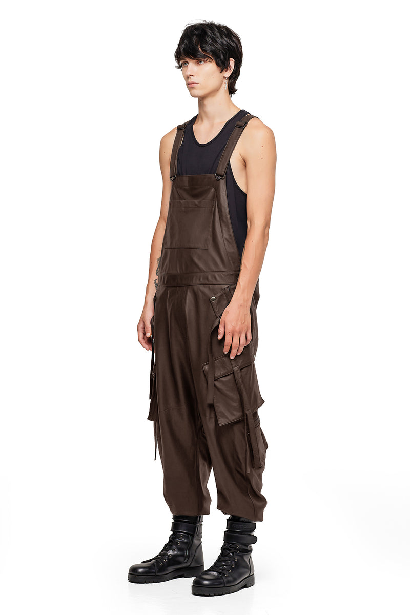 LEATHER CARGO OVERALL IN BROWN LEATHER