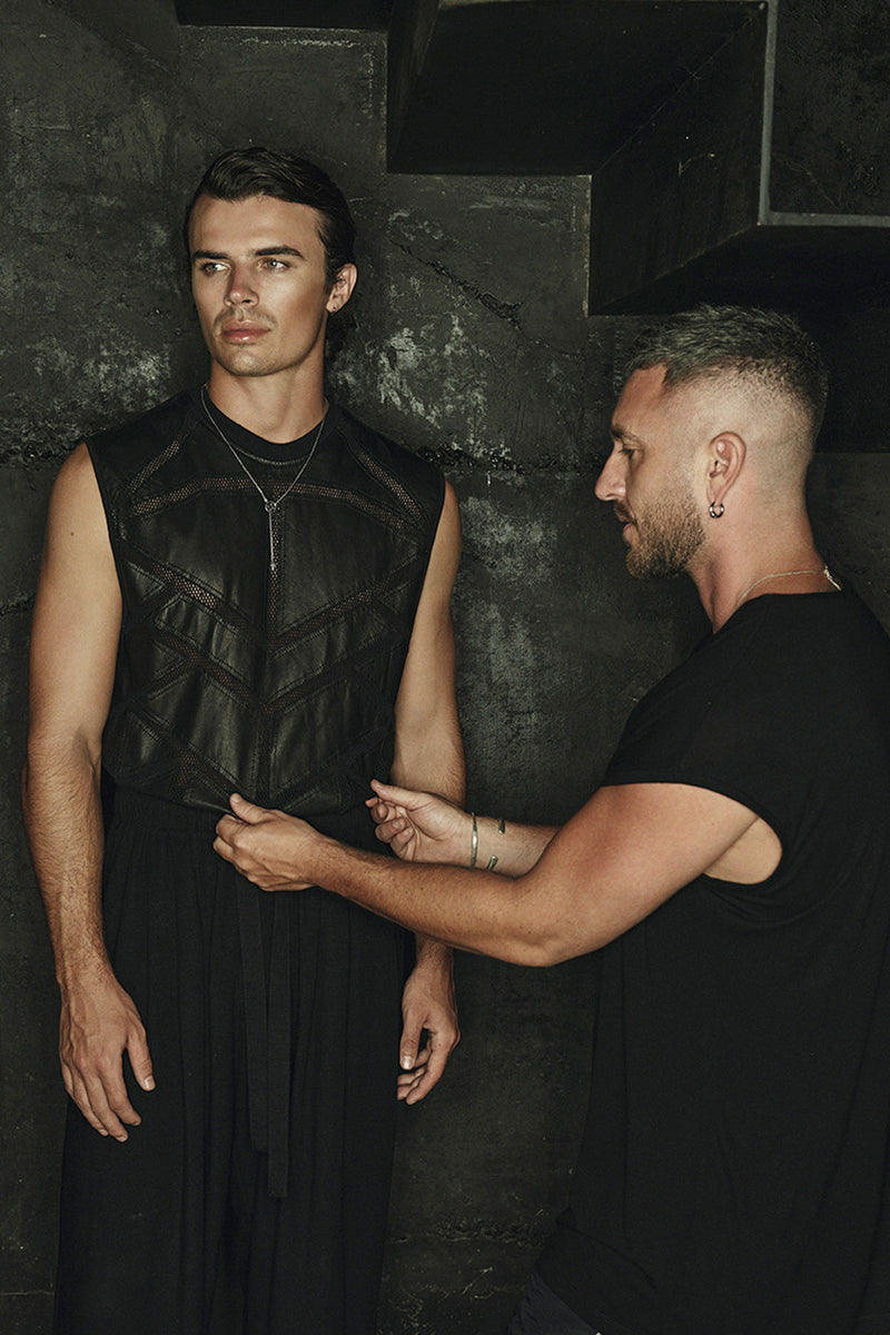 LEATHER MOSAIC TUNIC IN BLACK
