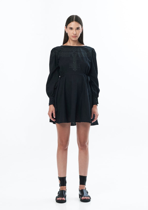 JONNY COTA Clothing BLACK / XS PUFF SLEEVE DRESS TEMPLE PRINT IN BLACK