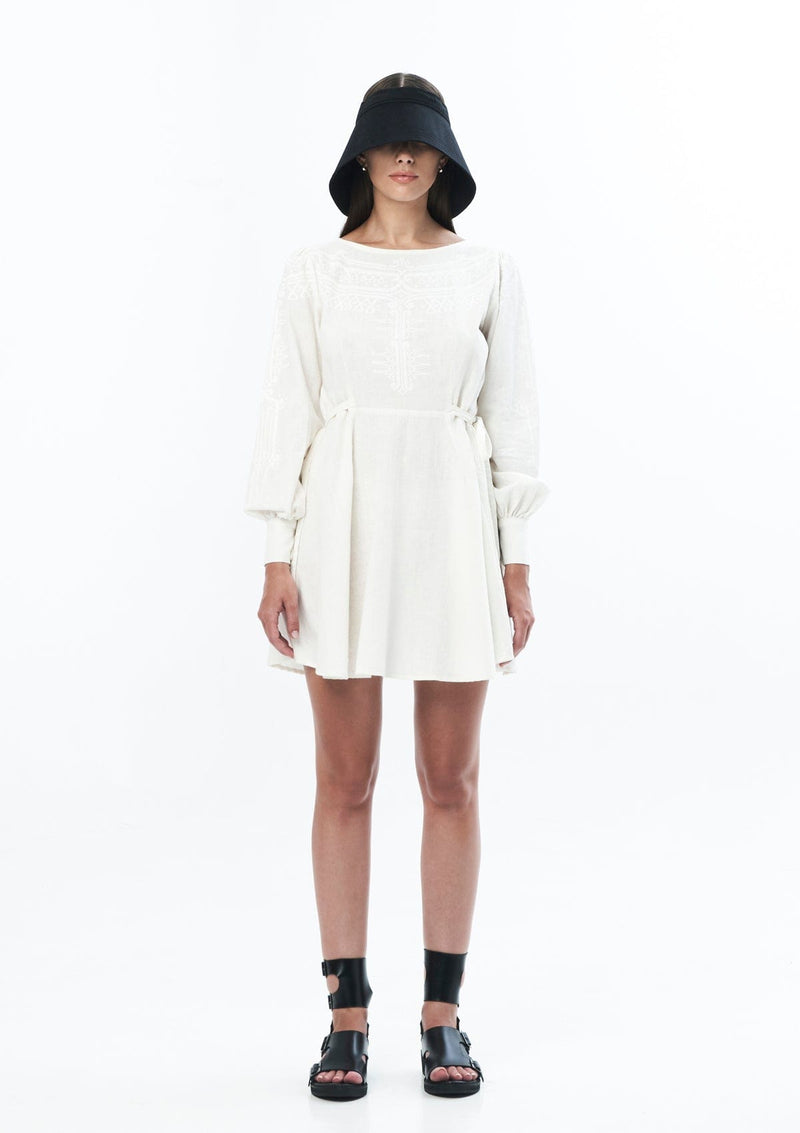 JONNY COTA Clothing OFF WHITE / XS PUFF SLEEVE DRESS TEMPLE PRINT IN OFF WHITE