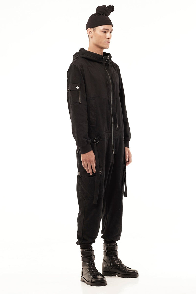 JONNY COTA HOODED JUMPSUIT IN BLACK