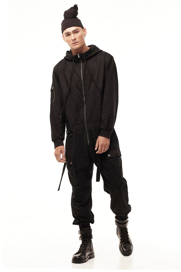 JONNY COTA HOODED JUMPSUIT IN BLACK