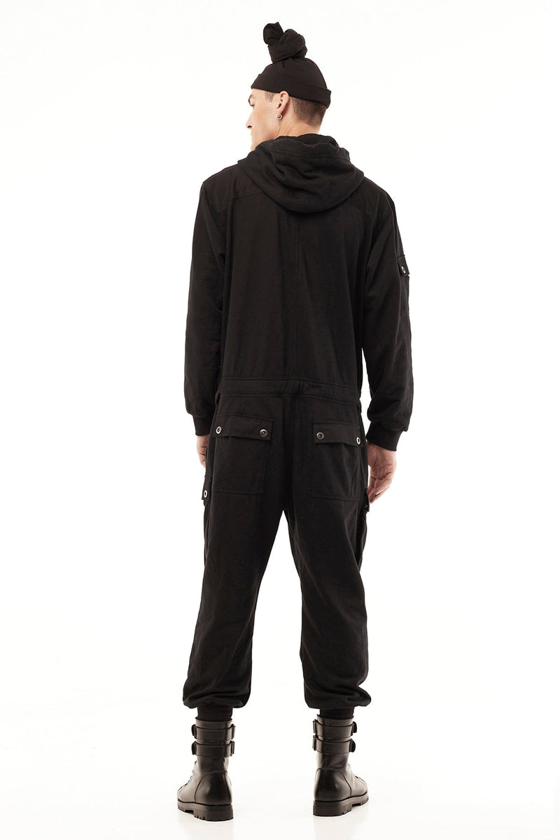 JONNY COTA HOODED JUMPSUIT IN BLACK