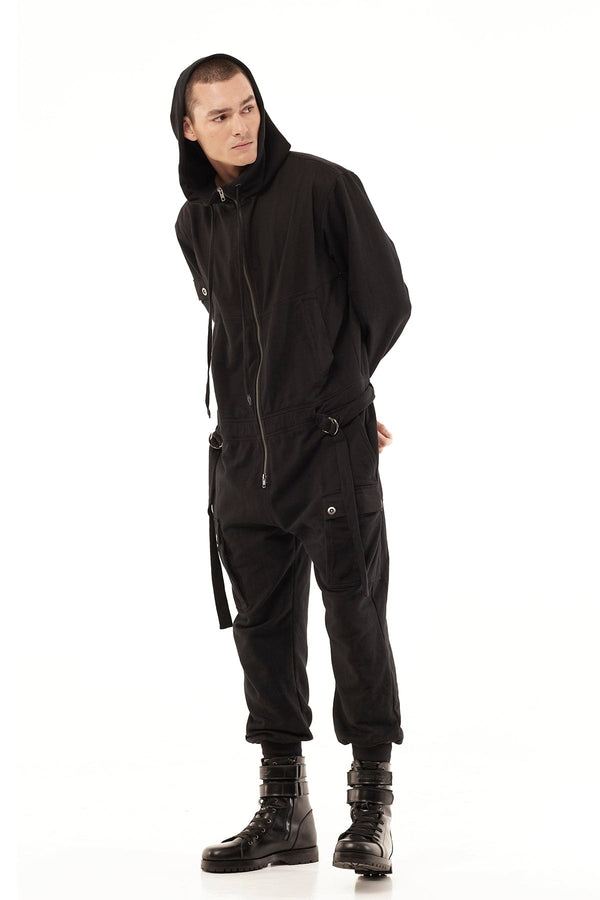 JONNY COTA HOODED JUMPSUIT IN BLACK