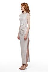 JONNY COTA JERSEY DRESS WITH CHAINS IN WHITE AND BONE