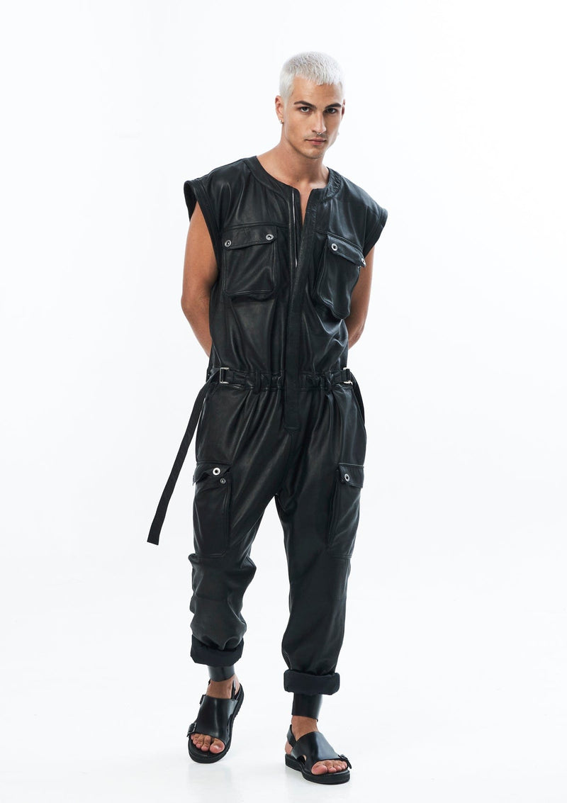 SLEEVELESS LEATHER JUMPSUIT IN BLACK – JONNY COTA