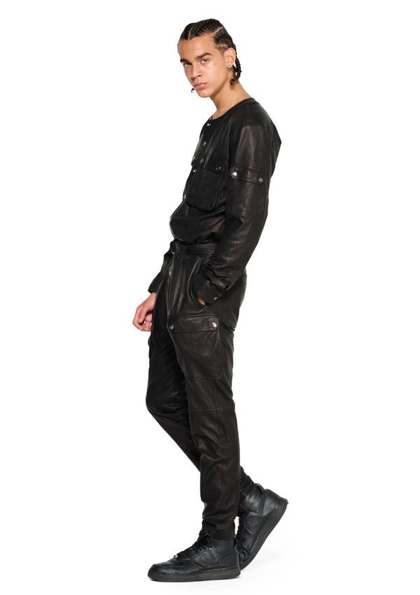 JONNY COTA LEATHER CARGO JUMPSUIT IN BLACK