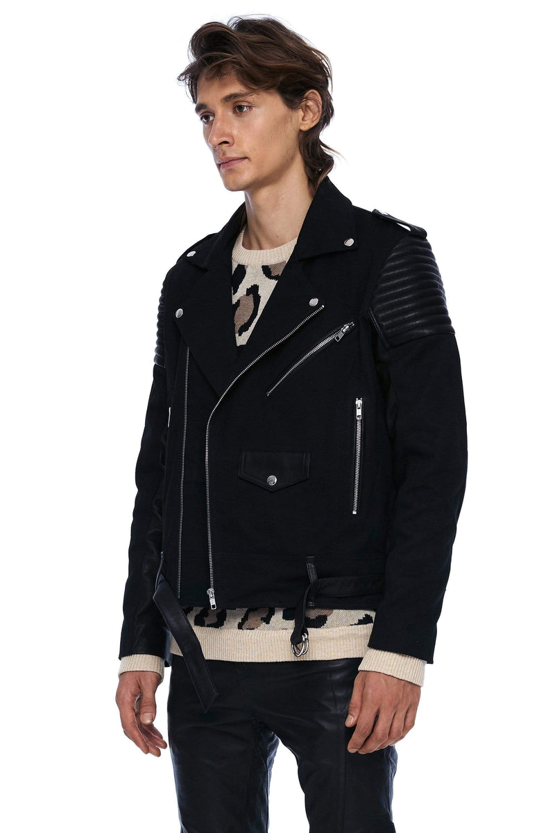 JONNY COTA MENS OUTERWEAR DENIM AND LEATHER BIKER JACKET IN BLACK