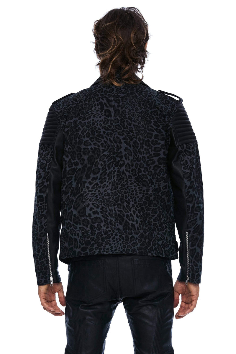 JONNY COTA MENS OUTERWEAR DENIM AND LEATHER BIKER JACKET IN GREY LEOPARD