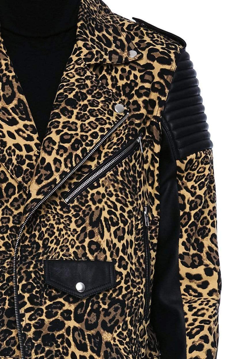 JONNY COTA MENS OUTERWEAR DENIM AND LEATHER BIKER JACKET IN LEOPARD